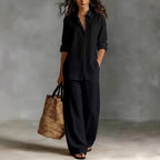 Iria - Women's Cotton Collared Shirt and Wide Leg Pants Set 2