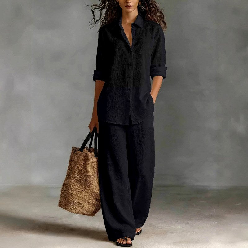 Iria - Women's Cotton Collared Shirt and Wide Leg Pants Set 2