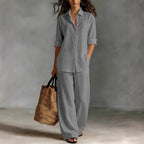 Iria - Women's Cotton Collared Shirt and Wide Leg Pants Set 3