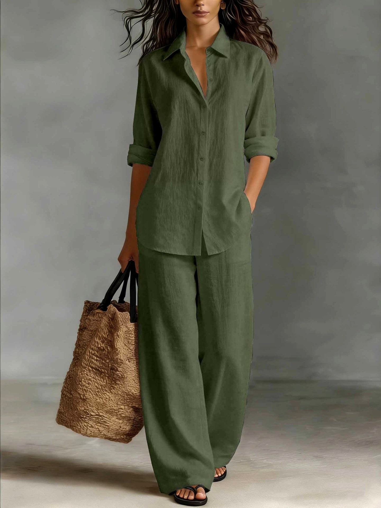 Iria - Women's Cotton Collared Shirt and Wide Leg Pants Set 4