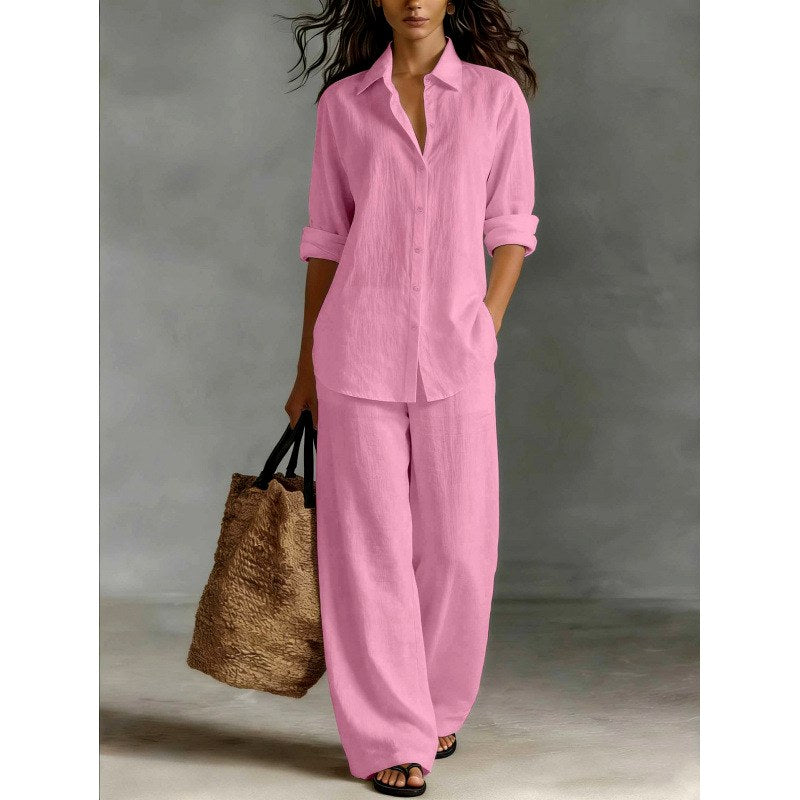 Iria - Women's Cotton Collared Shirt and Wide Leg Pants Set 5