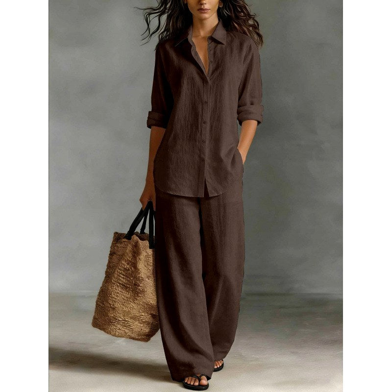 Iria - Women's Cotton Collared Shirt and Wide Leg Pants Set 6