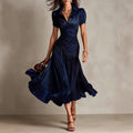 Ivana - Women's Striped Satin Puff Sleeve Midi Dress 1