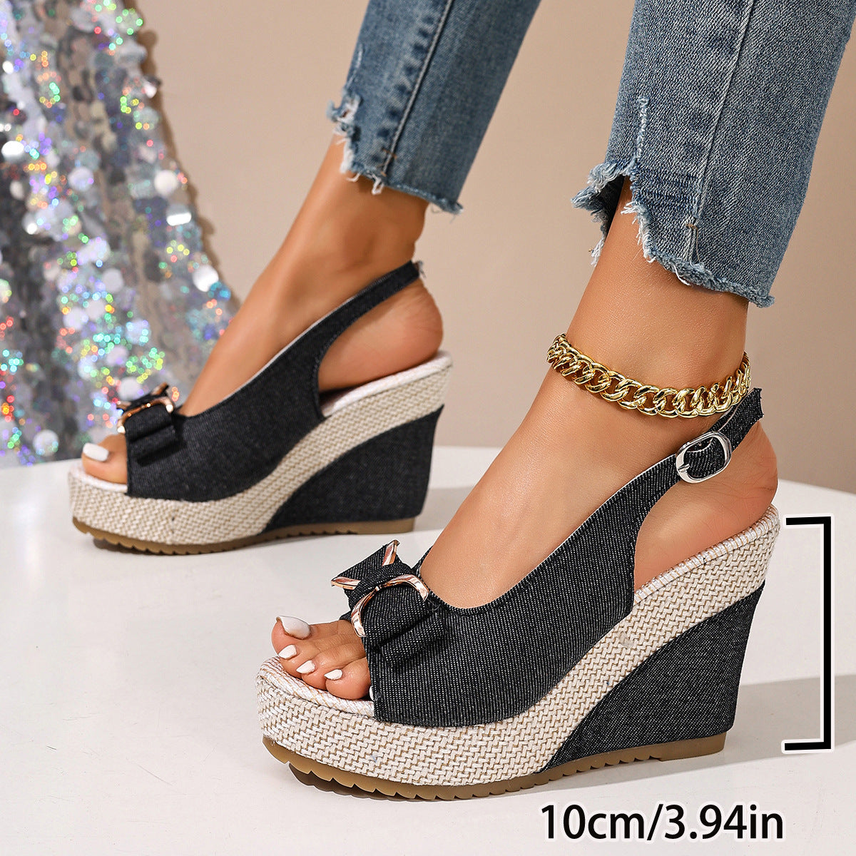 Jacqueline - Women's Denim Bow Wedge Sandals