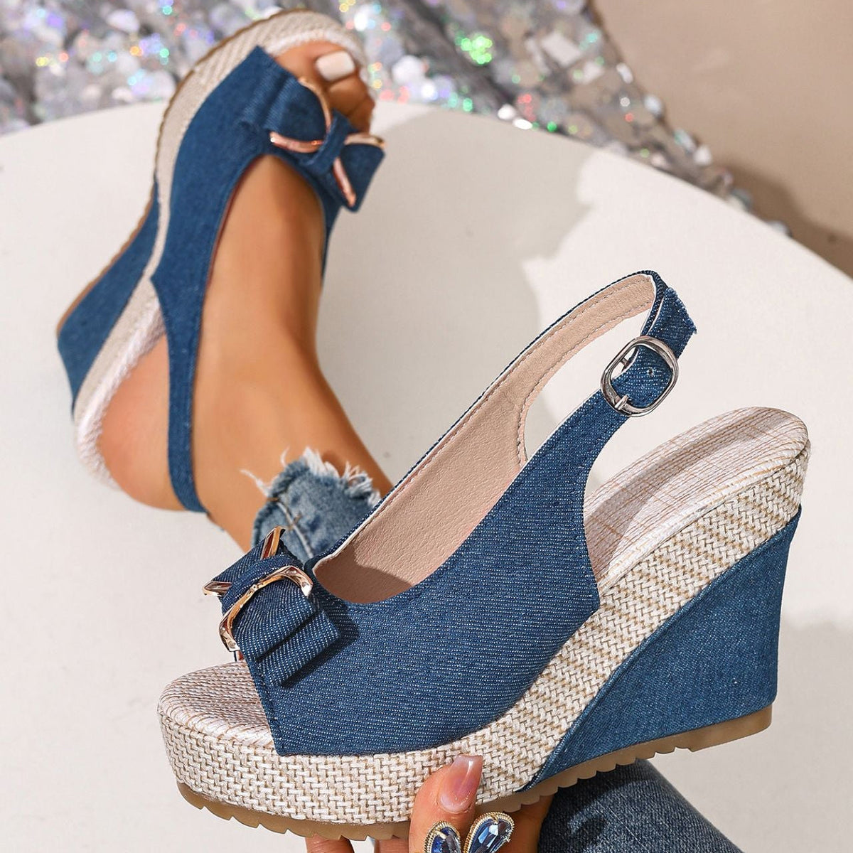 Jacqueline - Women's Denim Bow Wedge Sandals