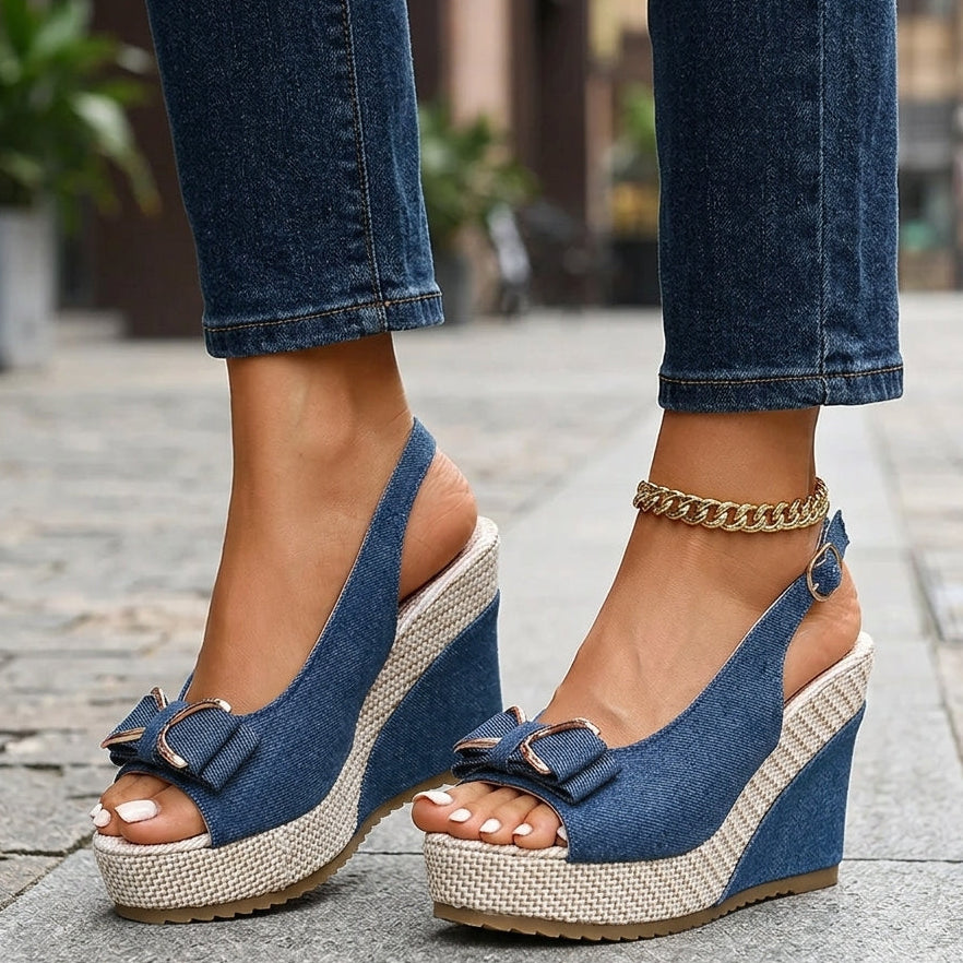 Jacqueline - Women's Denim Bow Wedge Sandals