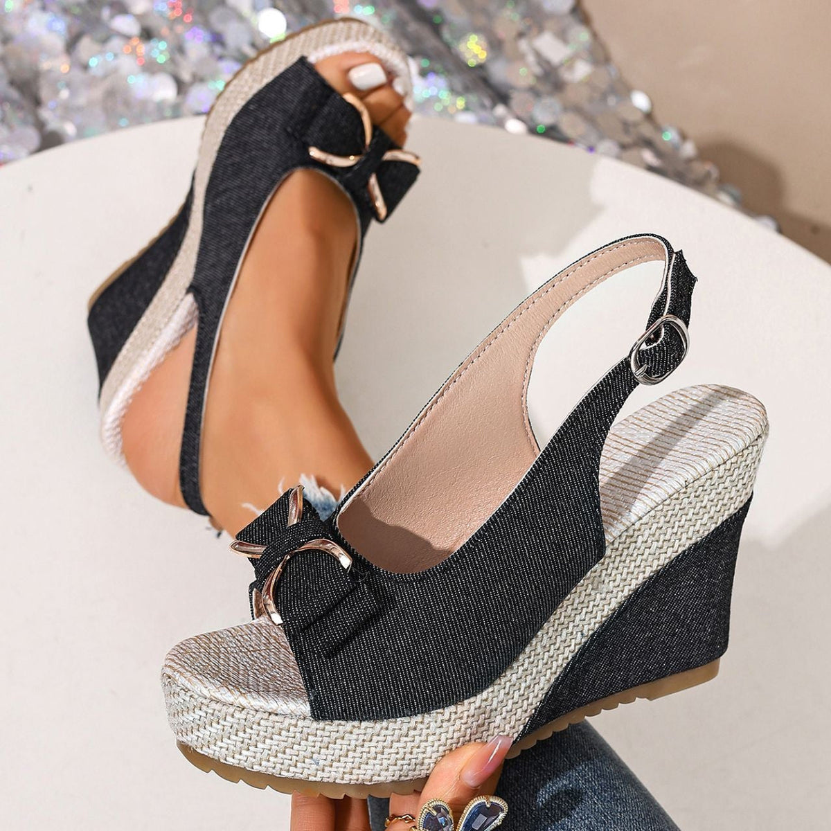 Jacqueline - Women's Denim Bow Wedge Sandals