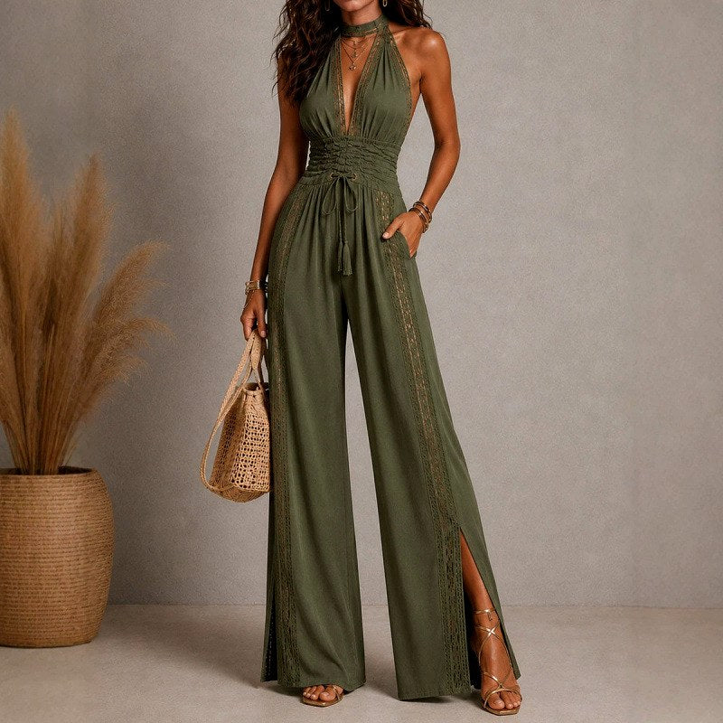 Jaya - Women's Lace Panel Halter Jumpsuit 3