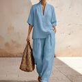 Jocelyn - Women's Linen V-Neck Wide Leg Matching Set 1