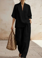 Jocelyn - Women's Linen V-Neck Wide Leg Matching Set 2