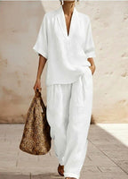 Jocelyn - Women's Linen V-Neck Wide Leg Matching Set 3