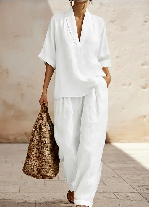 Jocelyn - Women's Linen V-Neck Wide Leg Matching Set 3