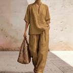 Jocelyn - Women's Linen V-Neck Wide Leg Matching Set 4