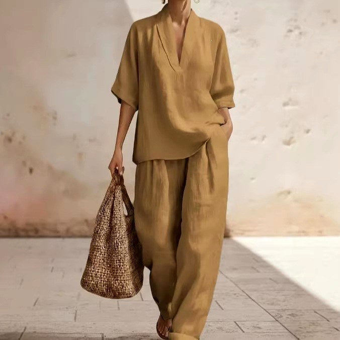 Jocelyn - Women's Linen V-Neck Wide Leg Matching Set 4