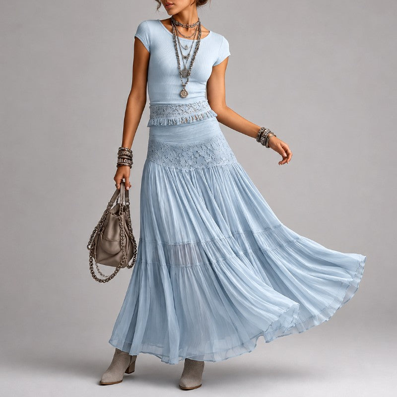 Jocelyn - Women's Short-Sleeve Top & Tiered Maxi Skirt Set 2