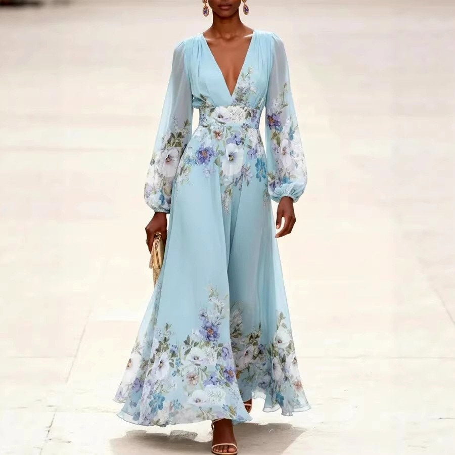 Josephine - Women's Floral V-Neck Balloon Sleeve Maxi Dress 1
