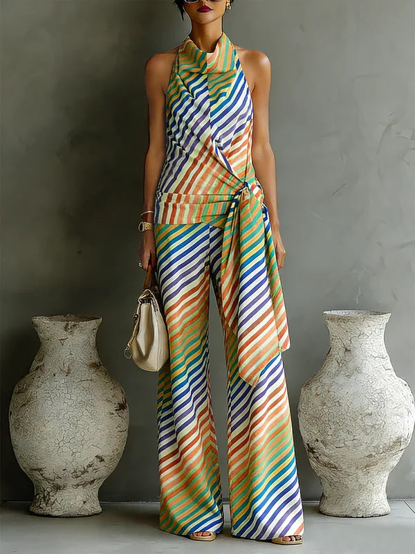 Joyce - Women's Diagonal Stripe Halter Matching Set 1