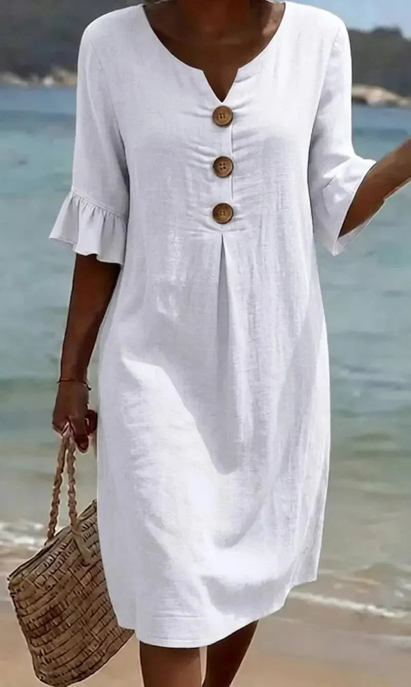 Juliet - Women's Button-Front Linen Midi Dress with Ruffle Sleeves