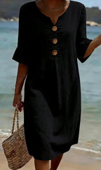 Juliet - Women's Button-Front Linen Midi Dress with Ruffle Sleeves