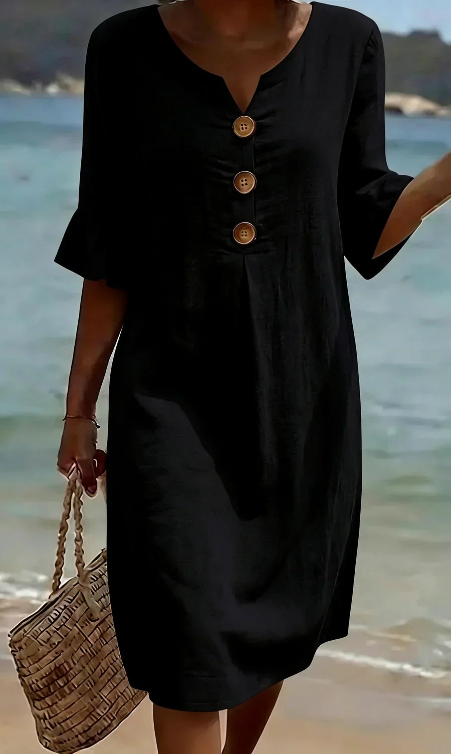 Juliet - Women's Button-Front Linen Midi Dress with Ruffle Sleeves