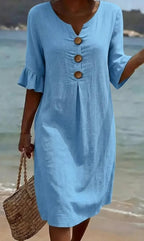 Juliet - Women's Button-Front Linen Midi Dress with Ruffle Sleeves
