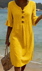 Juliet - Women's Button-Front Linen Midi Dress with Ruffle Sleeves