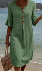Juliet - Women's Button-Front Linen Midi Dress with Ruffle Sleeves