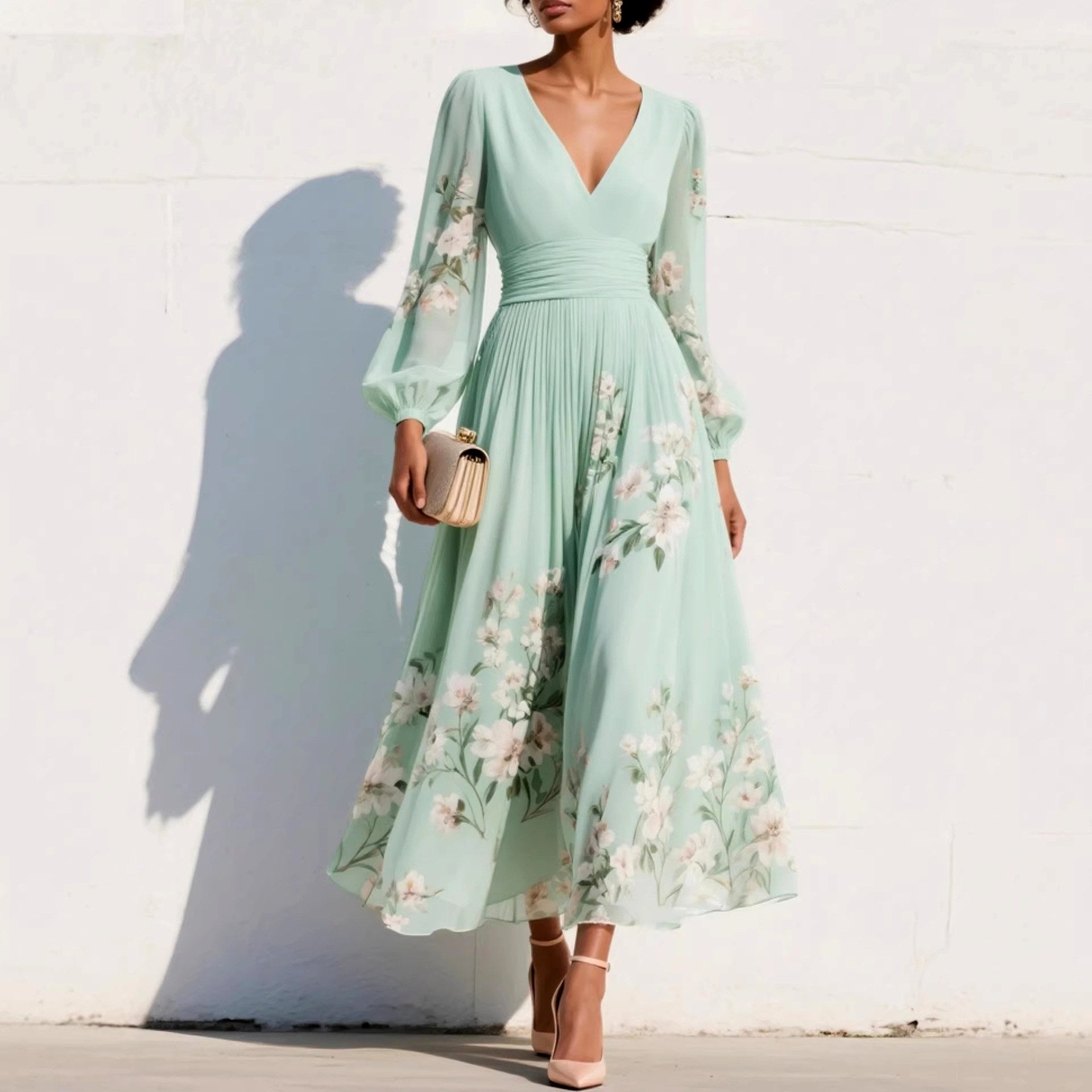 Juliette - Women's Floral V-Neck Pleated Midi Dress 1