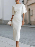 Kaia - Women's Boat Neck Draped Sleeve Midi Dress 1