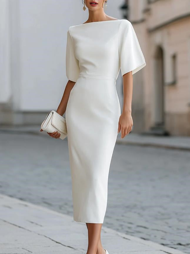 Kaia - Women's Boat Neck Draped Sleeve Midi Dress 1
