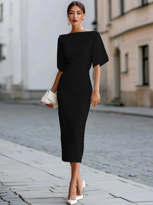 Kaia - Women's Boat Neck Draped Sleeve Midi Dress 2