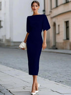 Kaia - Women's Boat Neck Draped Sleeve Midi Dress 3