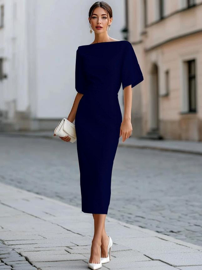 Kaia - Women's Boat Neck Draped Sleeve Midi Dress 3