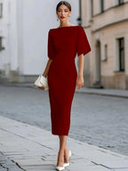 Kaia - Women's Boat Neck Draped Sleeve Midi Dress 4