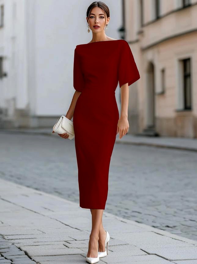 Kaia - Women's Boat Neck Draped Sleeve Midi Dress 4