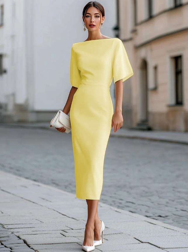 Kaia - Women's Boat Neck Draped Sleeve Midi Dress 5