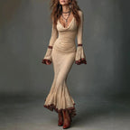Kalinda - Women's Cowl Neck Lace Mermaid Maxi Dress 1