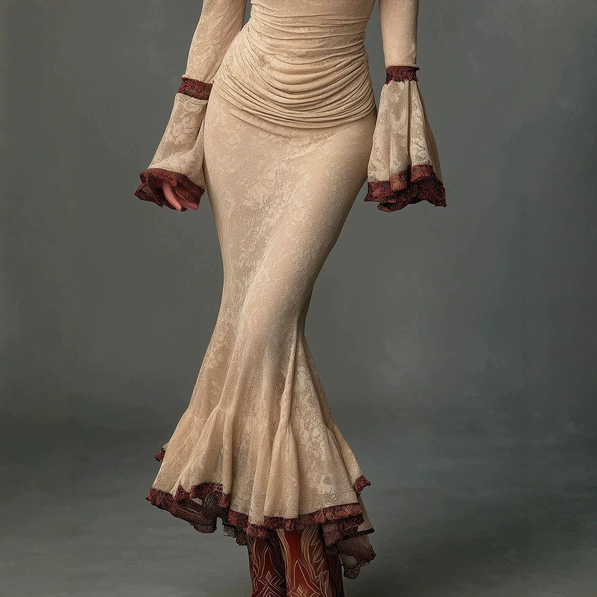 Kalinda - Women's Cowl Neck Lace Mermaid Maxi Dress 3
