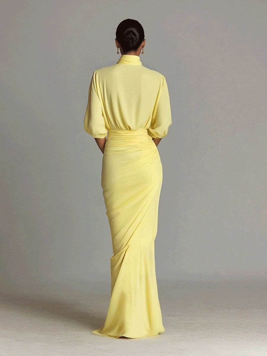 Kate - Women's High-Neck Pleated Maxi Dress with Slit 2