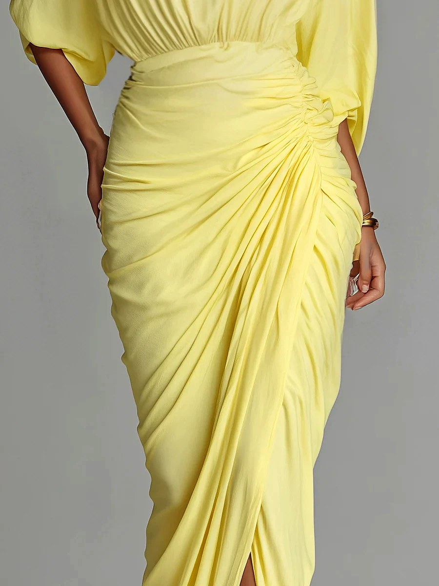Kate - Women's High-Neck Pleated Maxi Dress with Slit 4