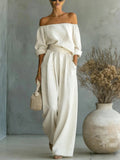 Kathi - Women's Off-Shoulder Puff Sleeve Wide Leg Matching Set 1