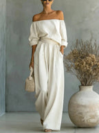 Kathi - Women's Off-Shoulder Puff Sleeve Wide Leg Matching Set 1