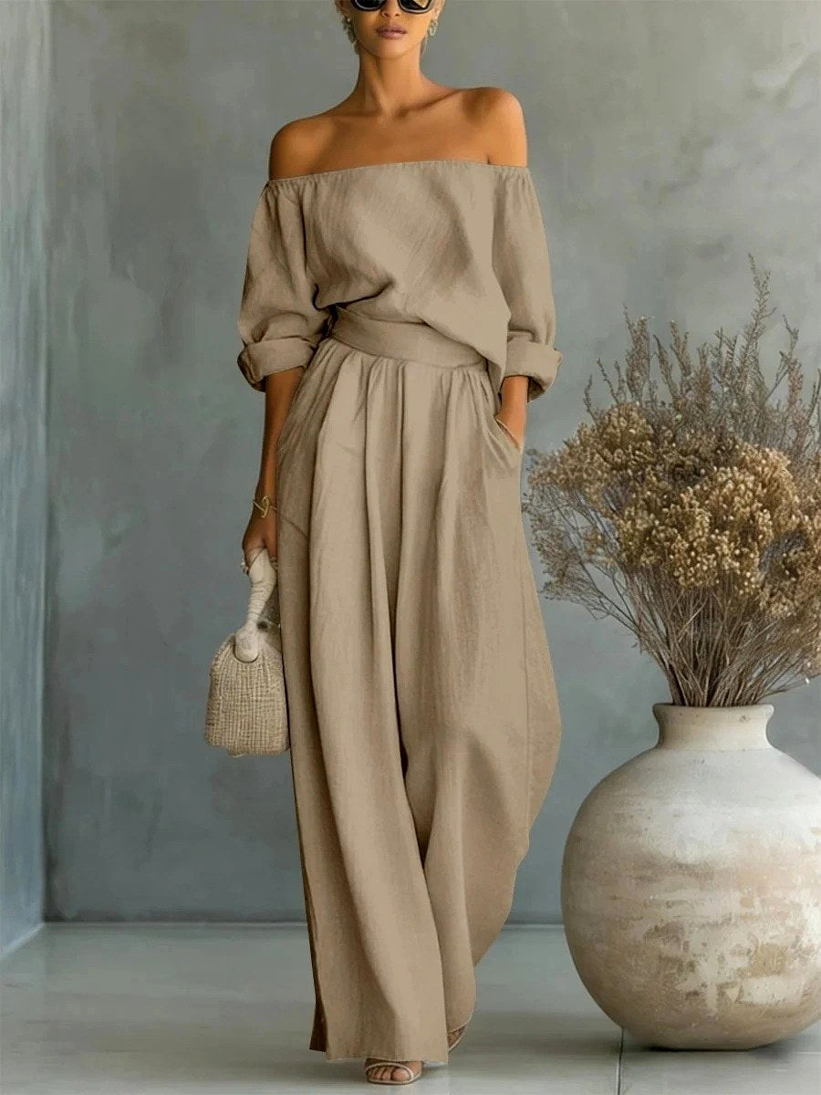 Kathi - Women's Off-Shoulder Puff Sleeve Wide Leg Matching Set 3