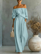 Kathi - Women's Off-Shoulder Puff Sleeve Wide Leg Matching Set 4