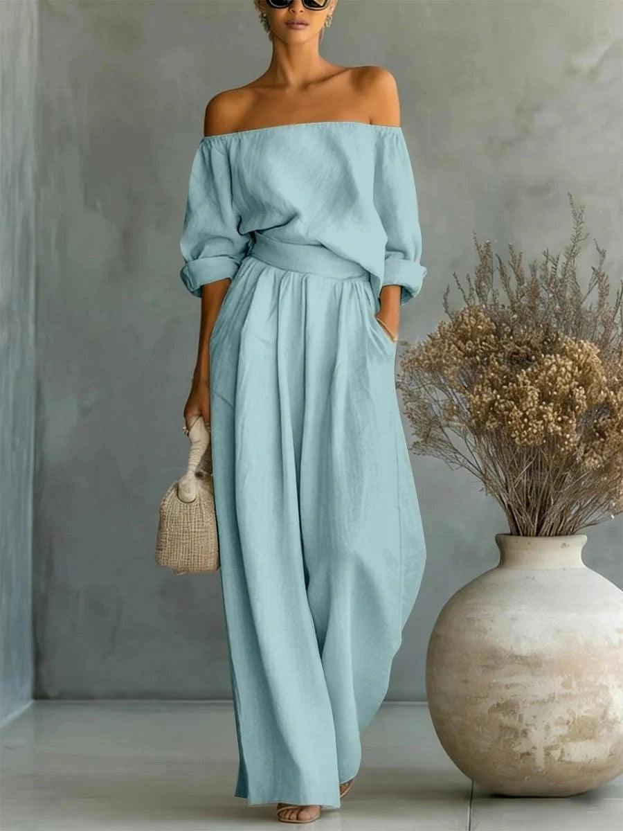 Kathi - Women's Off-Shoulder Puff Sleeve Wide Leg Matching Set 4