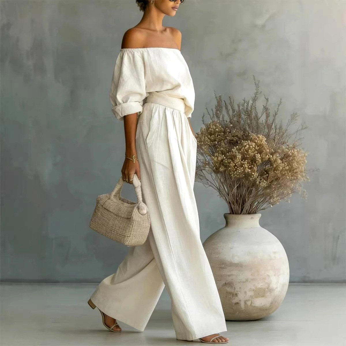 Kathi - Women's Off-Shoulder Puff Sleeve Wide Leg Matching Set 5