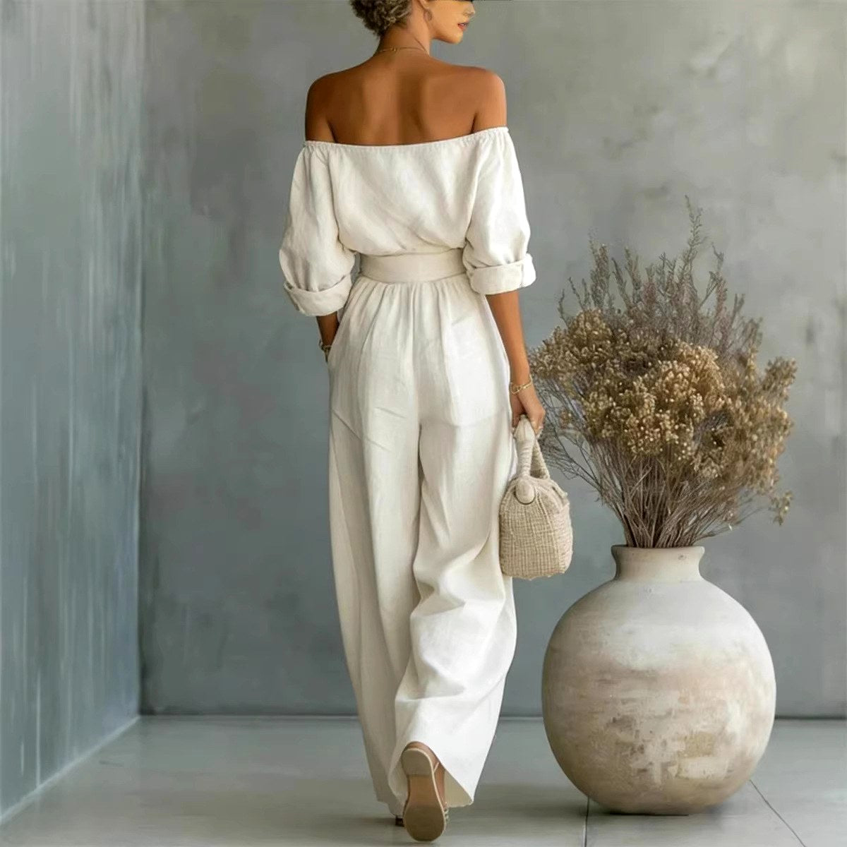 Kathi - Women's Off-Shoulder Puff Sleeve Wide Leg Matching Set 6