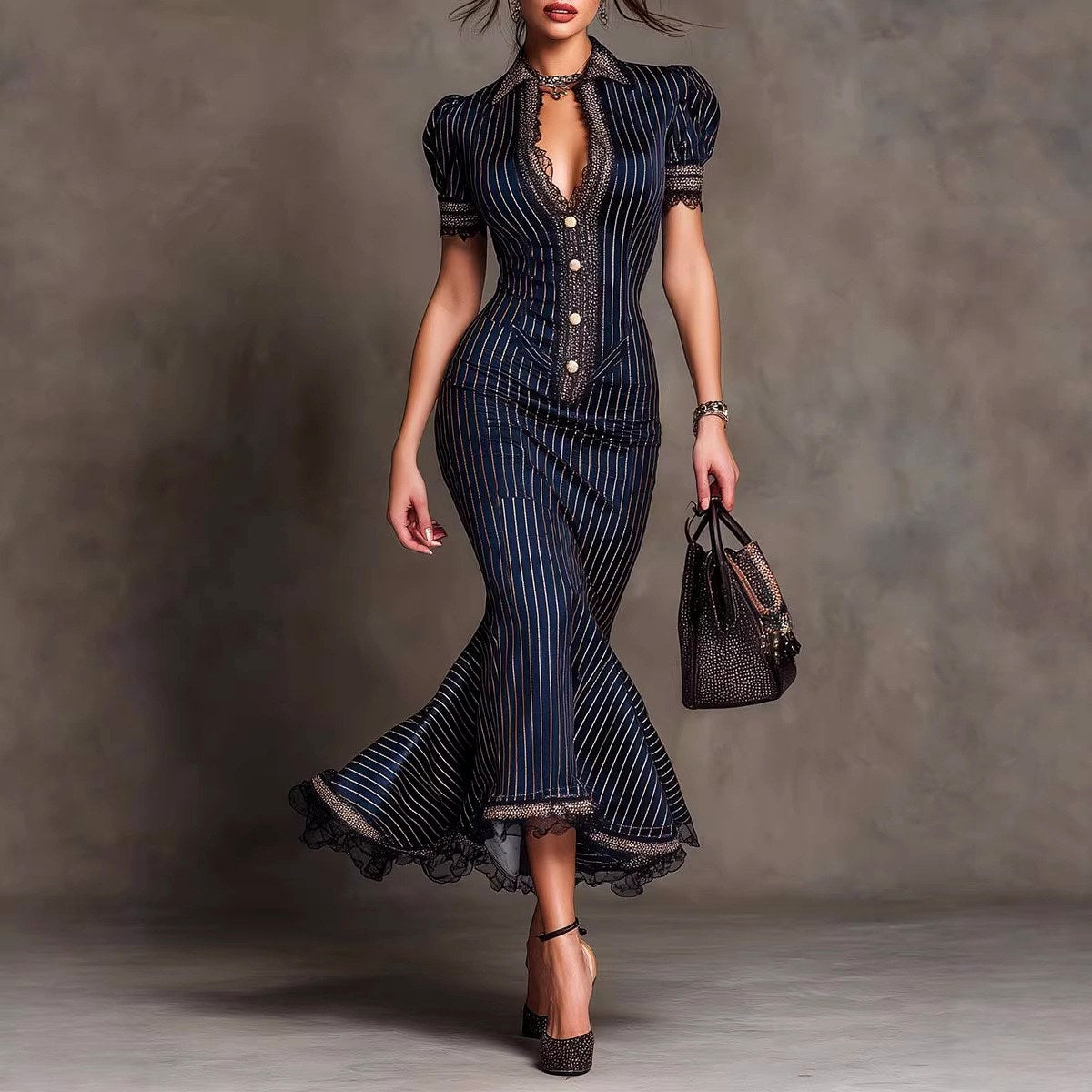 Katy - Women's Lace Trim Pinstripe Mermaid Dress 1