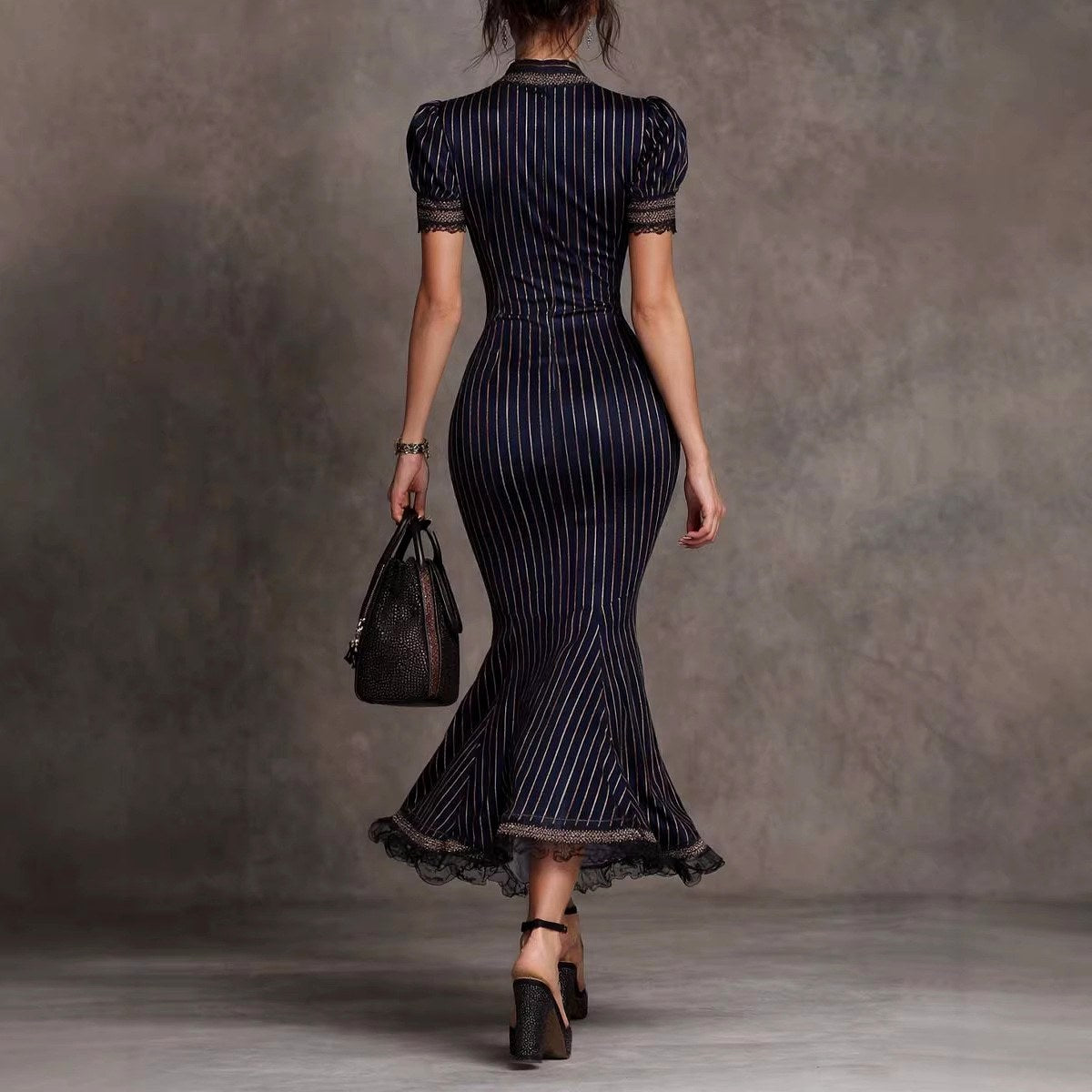 Katy - Women's Lace Trim Pinstripe Mermaid Dress 2