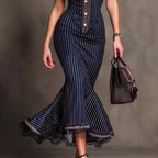 Katy - Women's Lace Trim Pinstripe Mermaid Dress 3